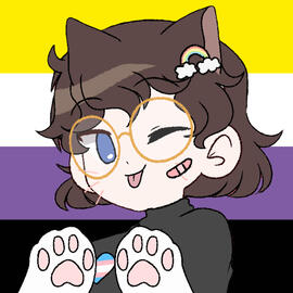 person with cat ears in front of non binary flag